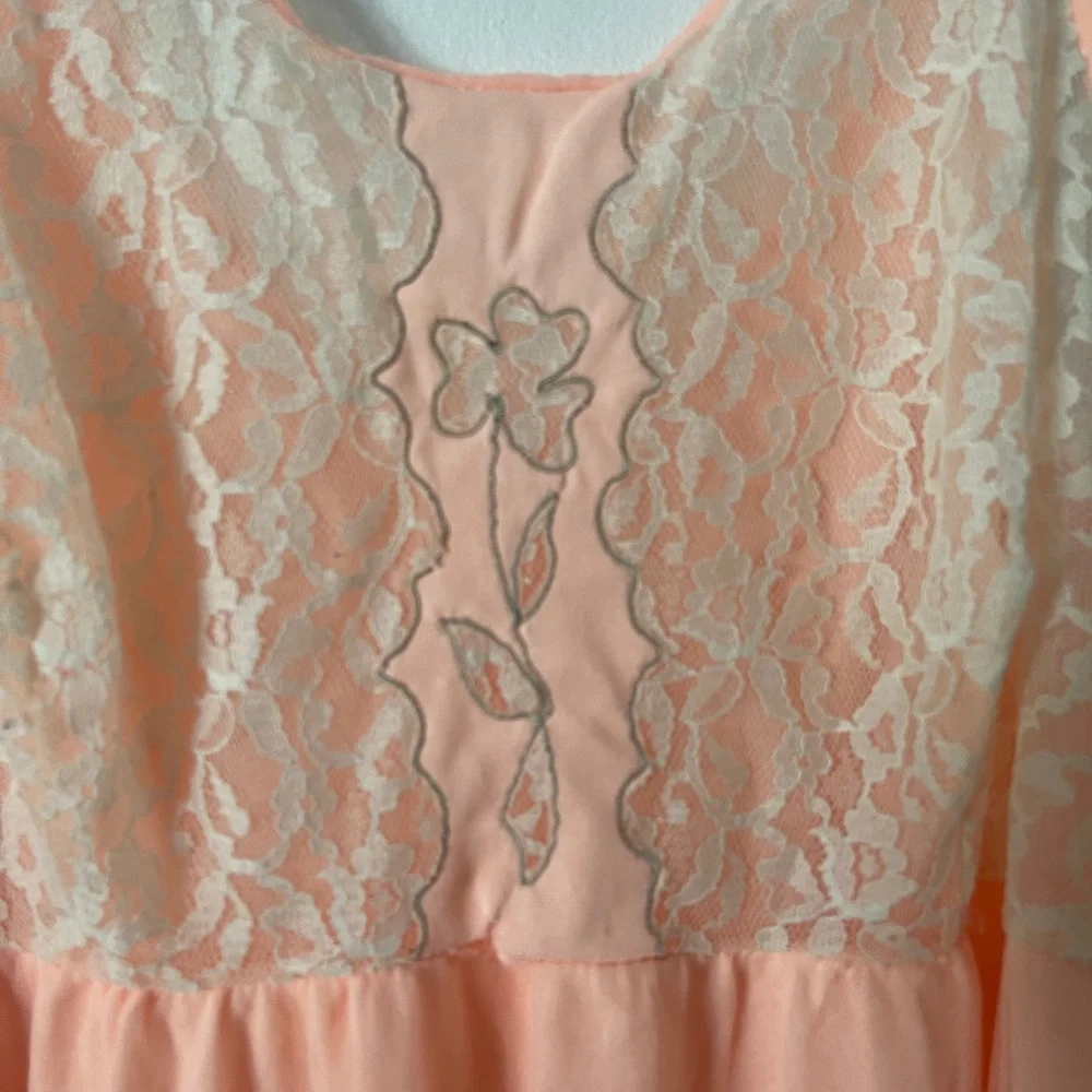 Vintage Pink Nightgown With Sheer Lace Panels and Floral Embroidery - Picture 4 of 8